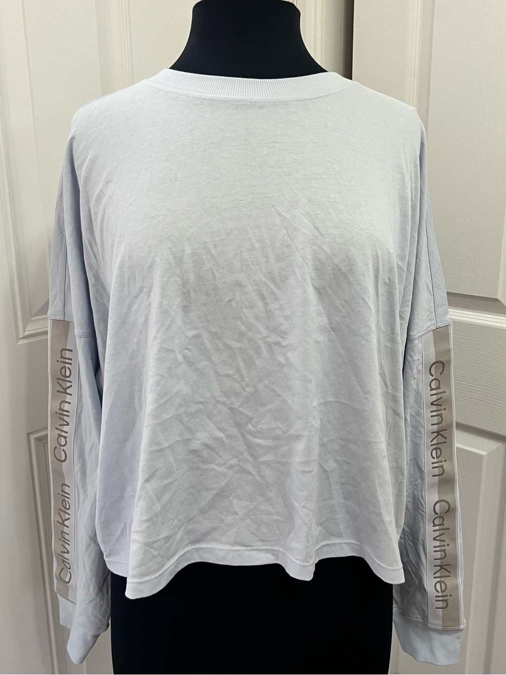 Calvin Klein Women's Light Blue Logo Sleeve Long-Sleeve Cropped Tee